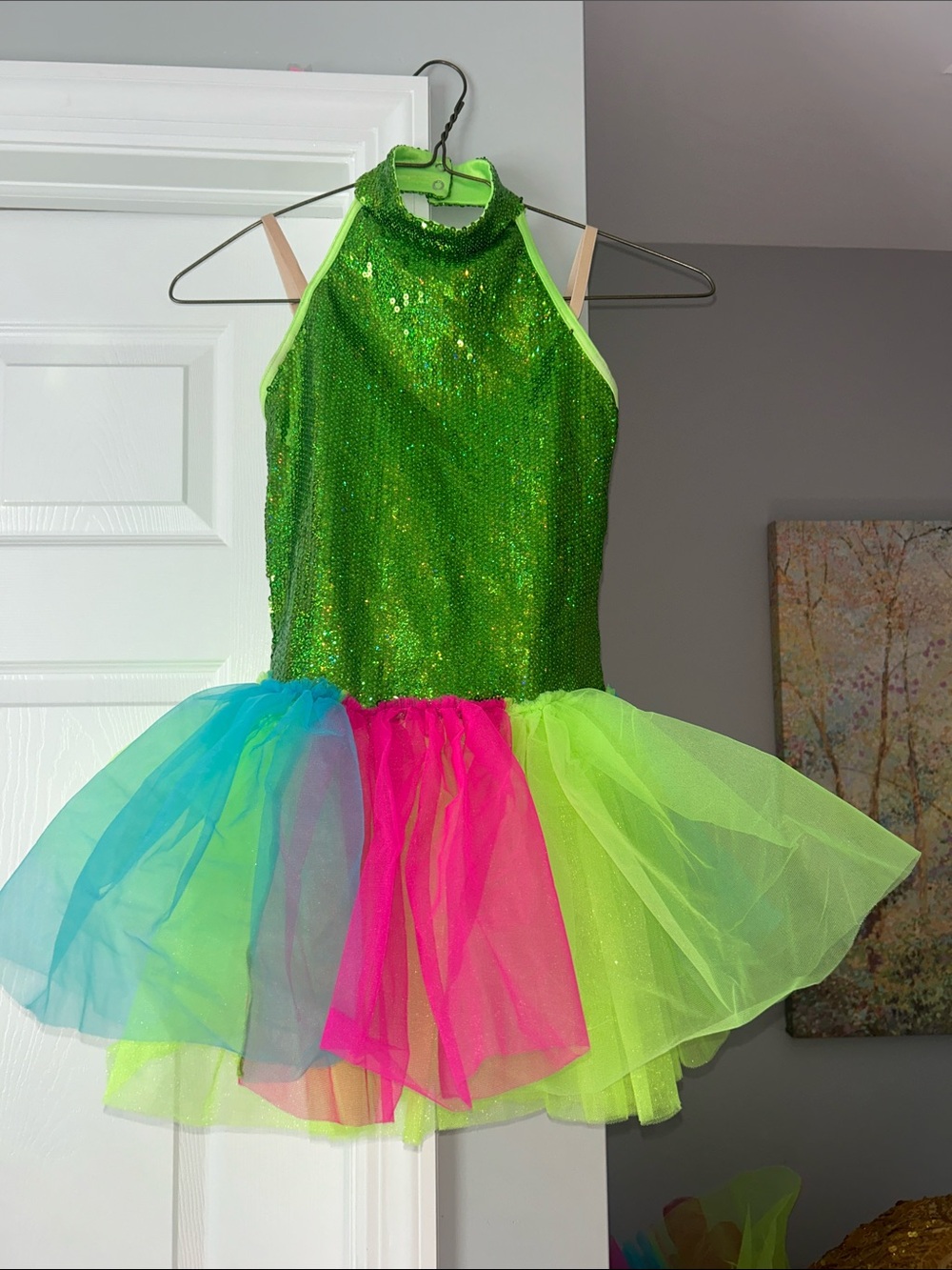 Weissman Hot Pink Sequin Halter Tutu Dress with Neon Accents